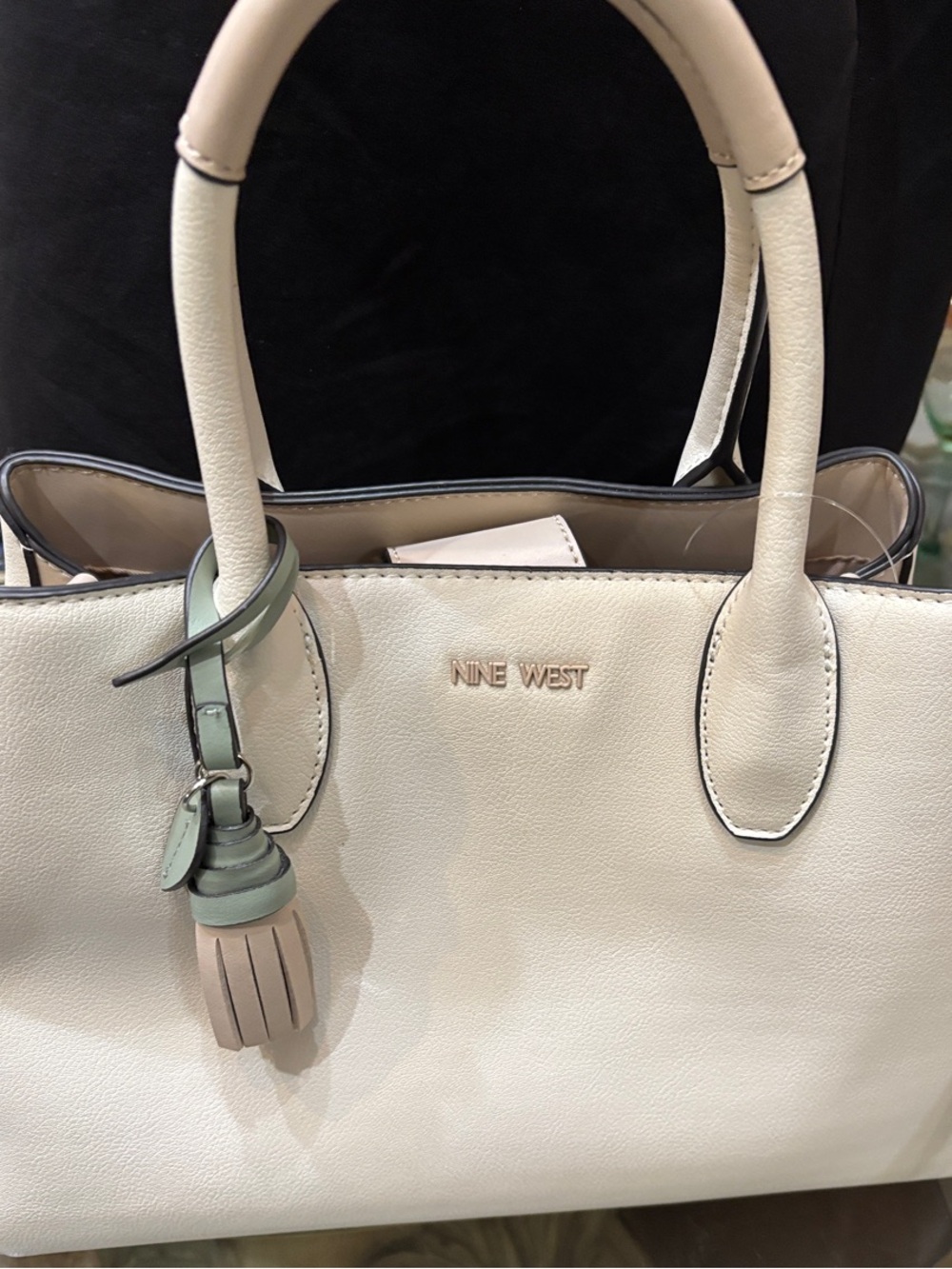 Nine West Cream Tote with Mint and Blush Tassel Charm
